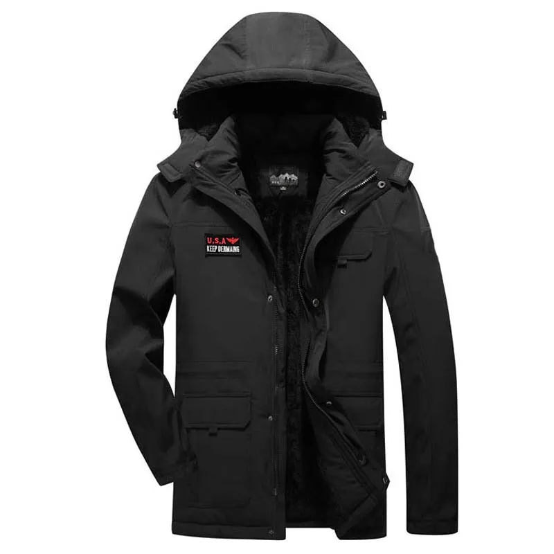 Men's Thick Fleece Winter Waterproof Jacket Fur Hooded Warm Snow Parkas Streetwear Golf Coat Clothing