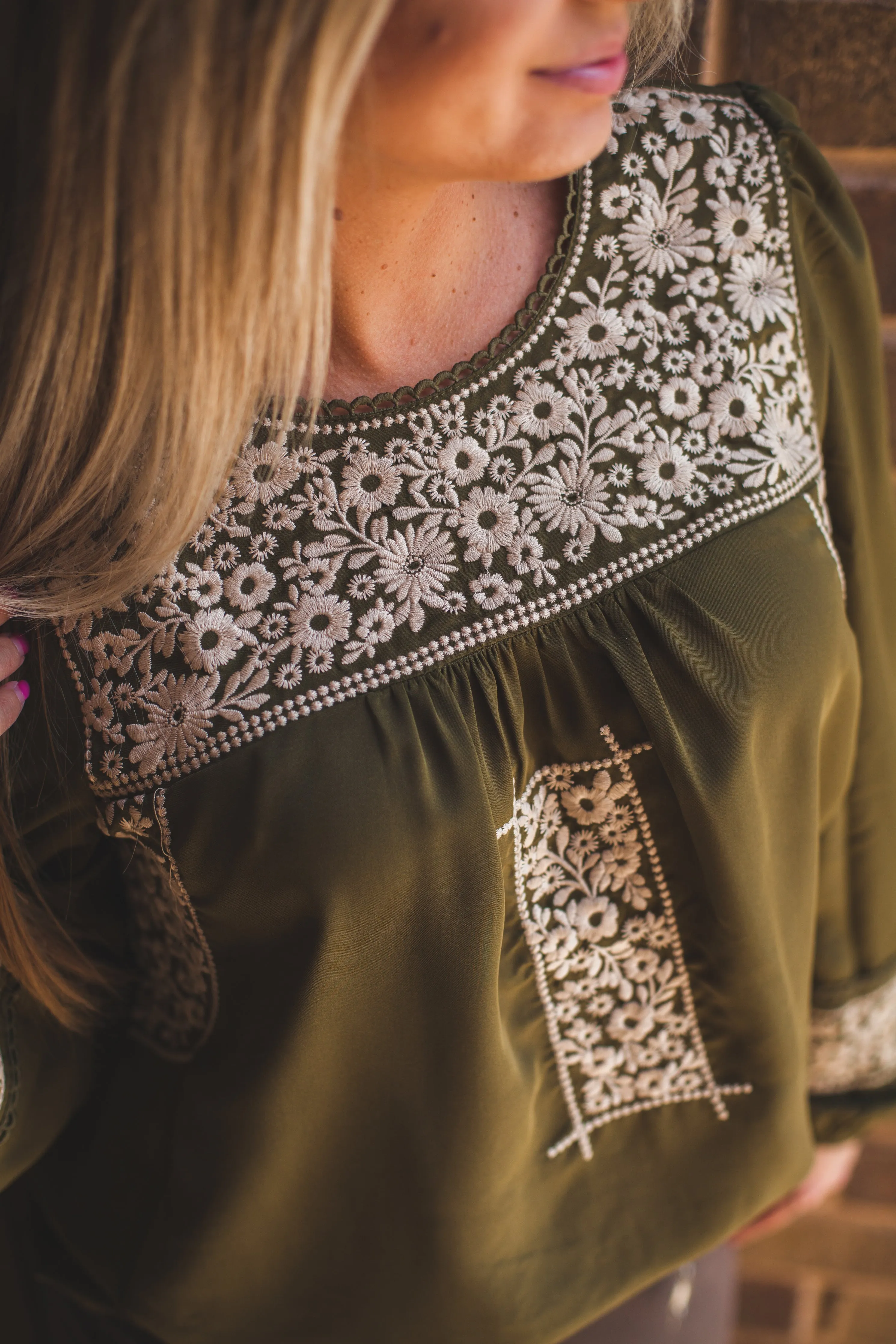 Olive and Cream Embroidered Long Sleeve Top