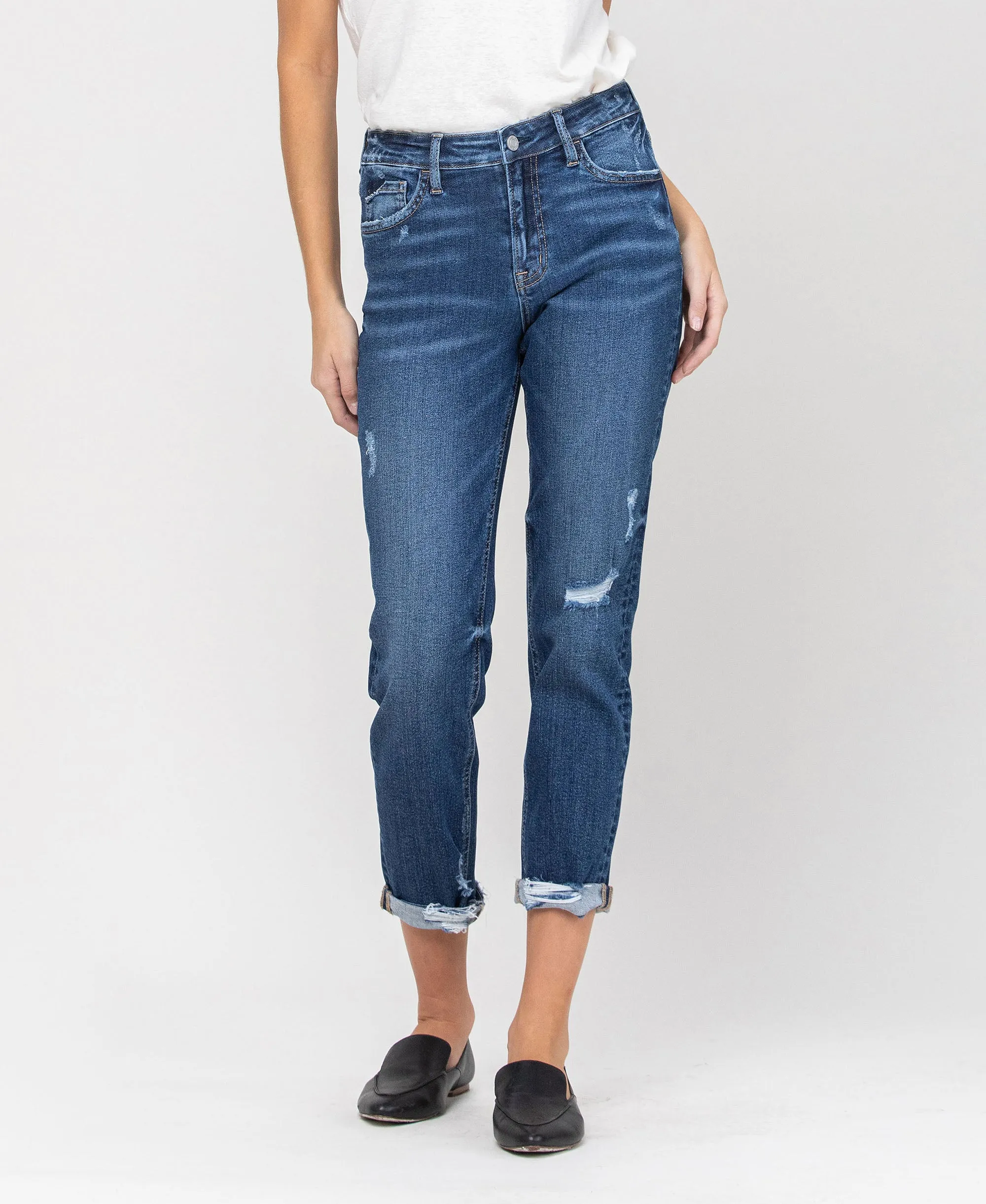 Partition - Distressed High Rise Cuff Boyfriend Jeans