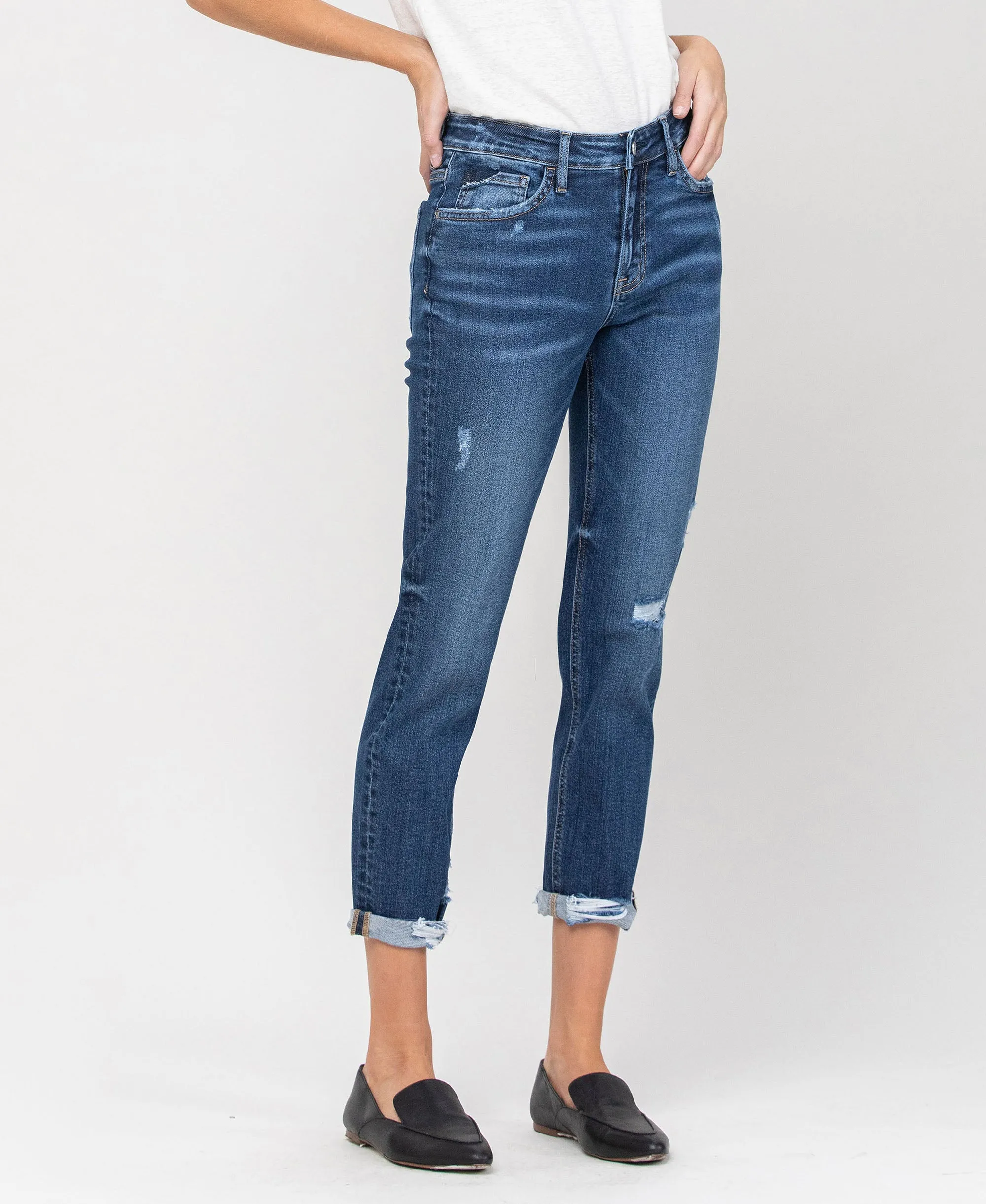 Partition - Distressed High Rise Cuff Boyfriend Jeans