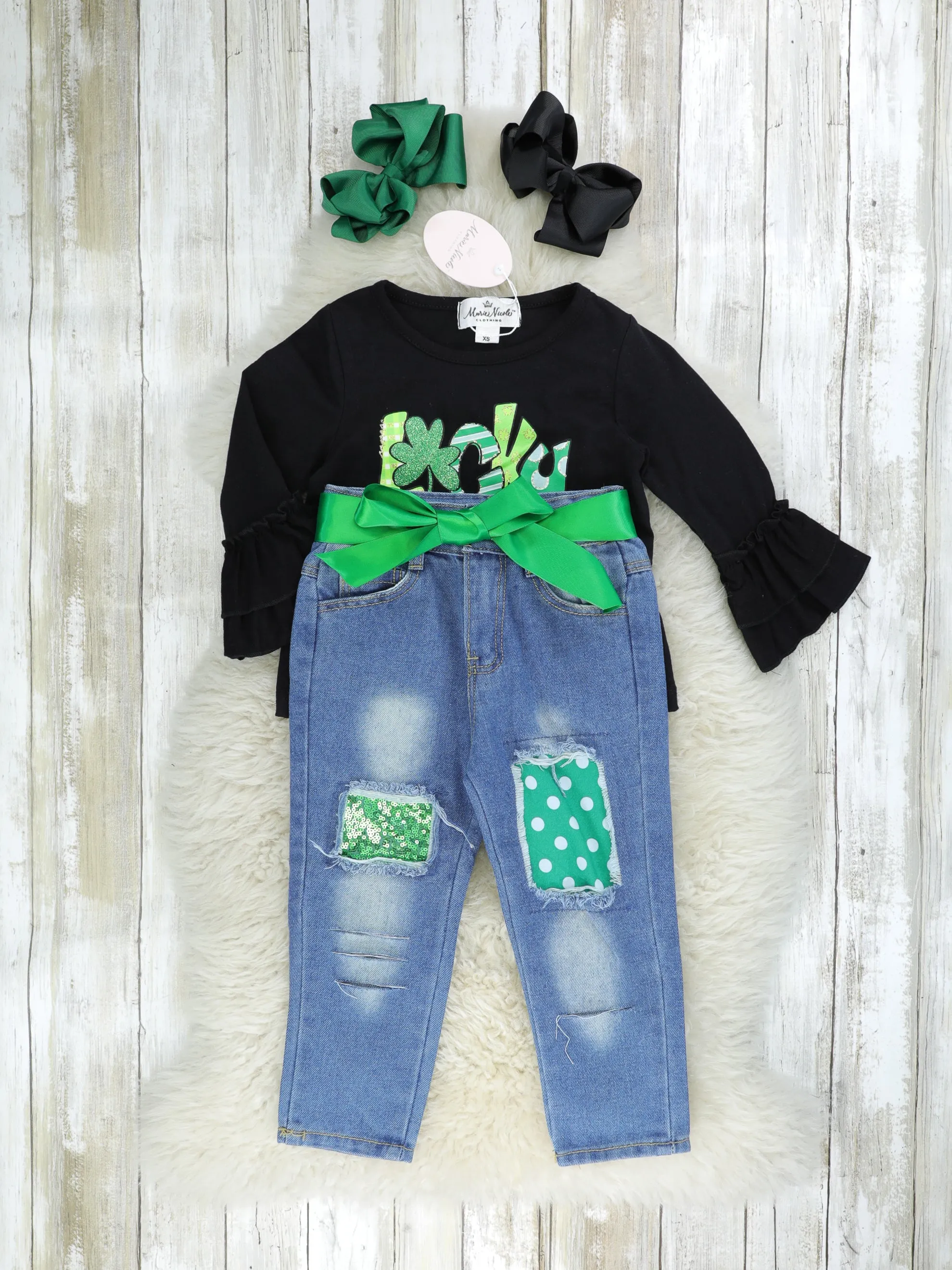 "Lucky" Distressed Denim Ruffle Outfit