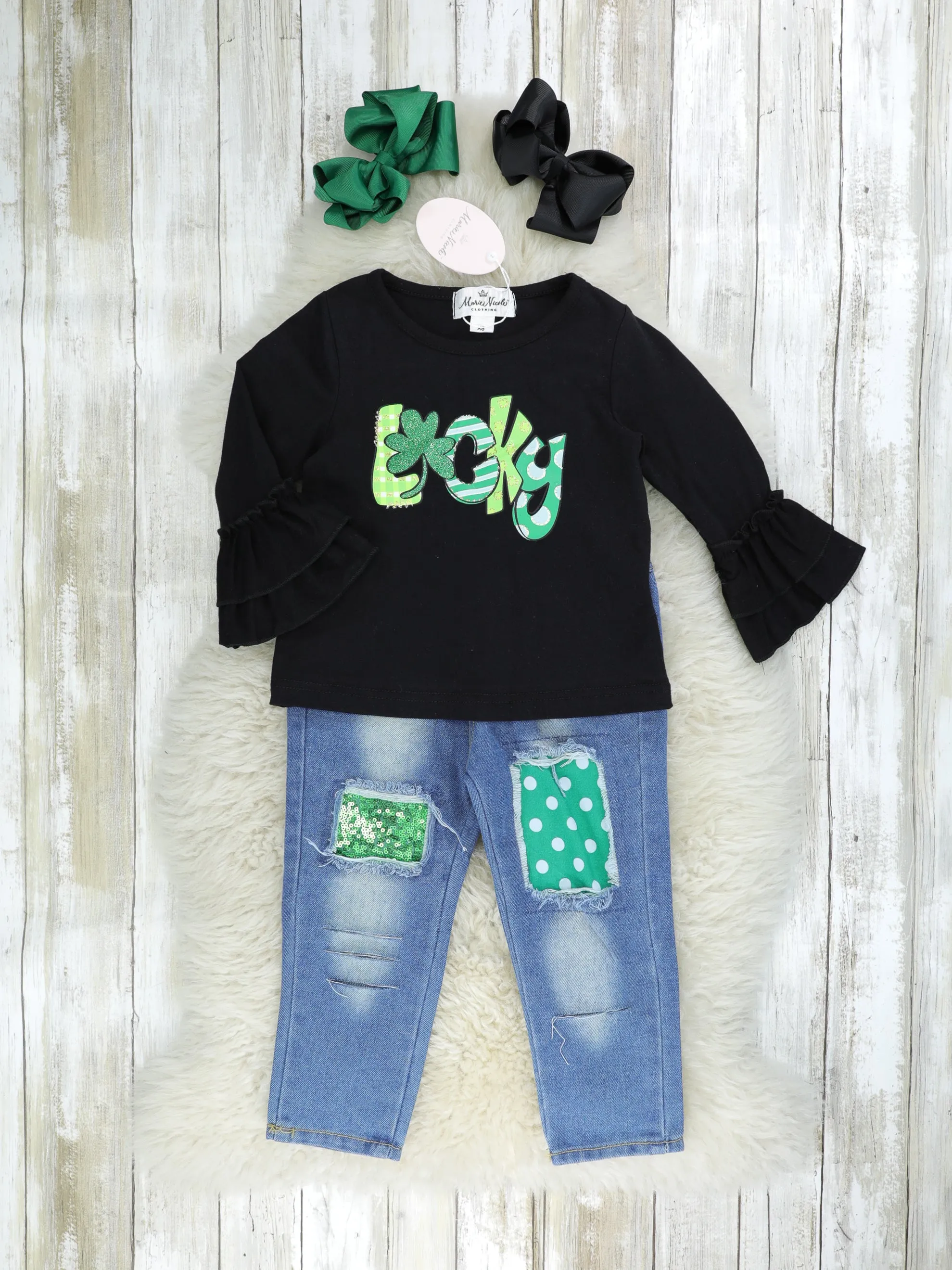 "Lucky" Distressed Denim Ruffle Outfit