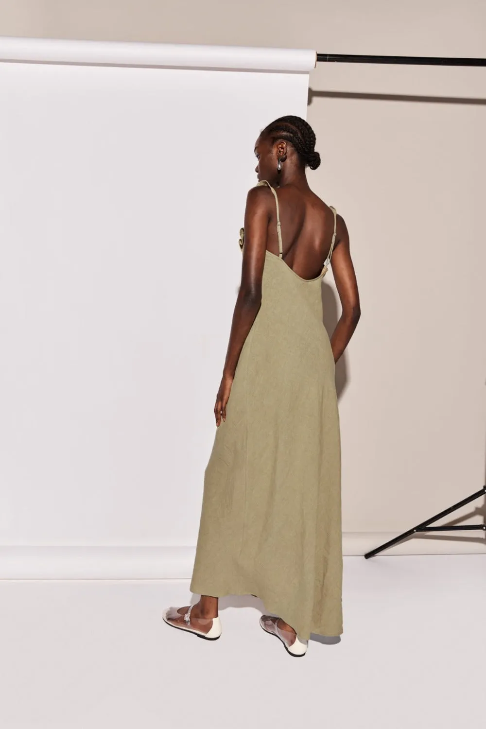 Rosalia Linen Bias Cut Maxi Dress Olive