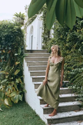 Rosalia Linen Bias Cut Maxi Dress Olive