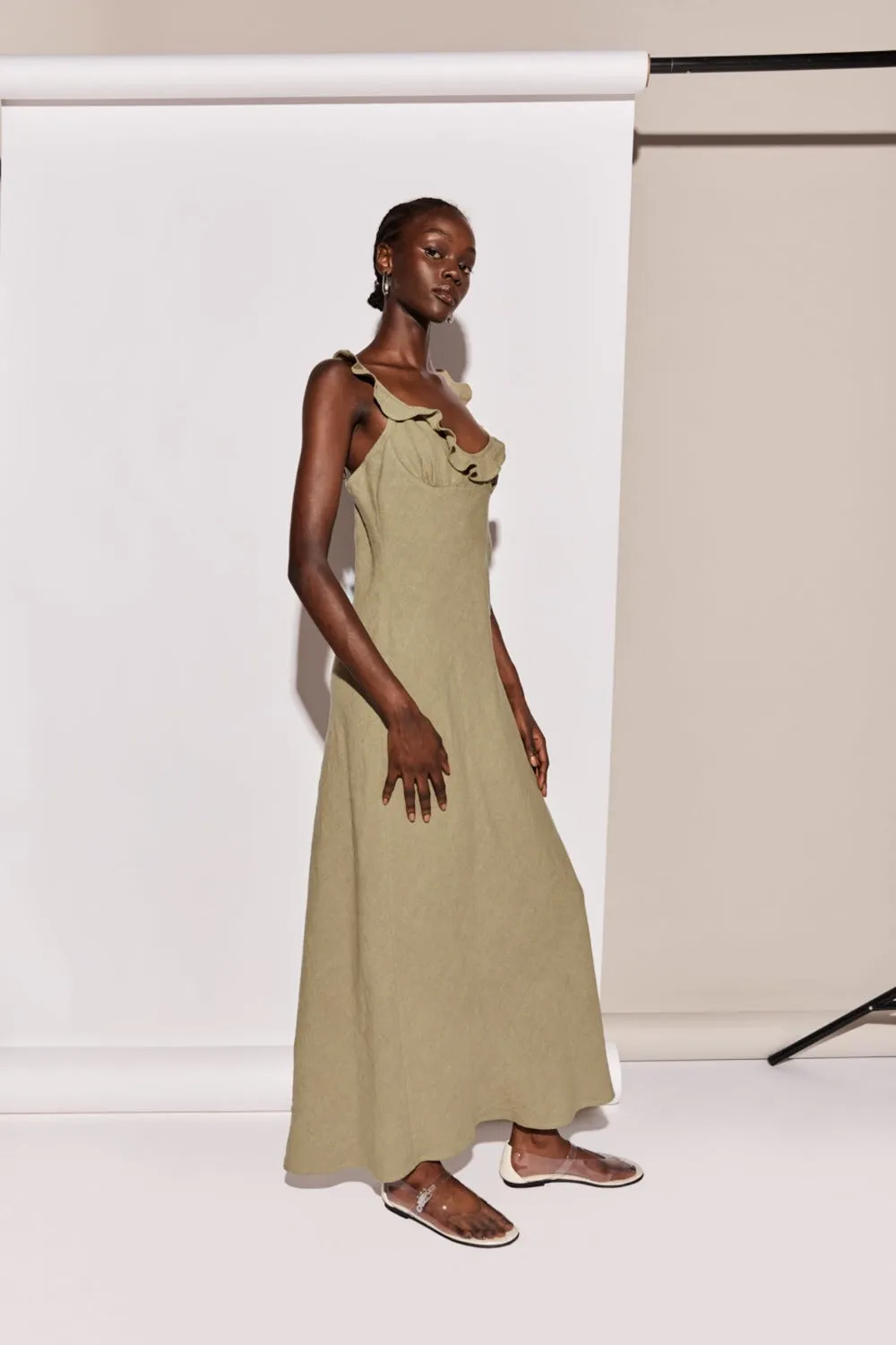 Rosalia Linen Bias Cut Maxi Dress Olive