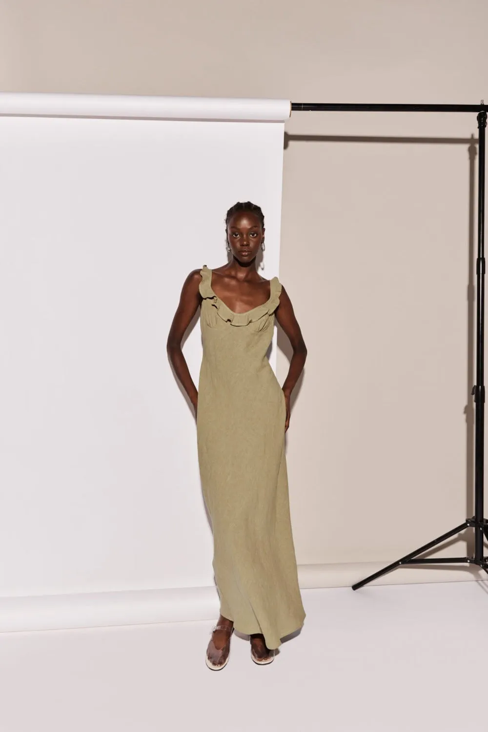 Rosalia Linen Bias Cut Maxi Dress Olive