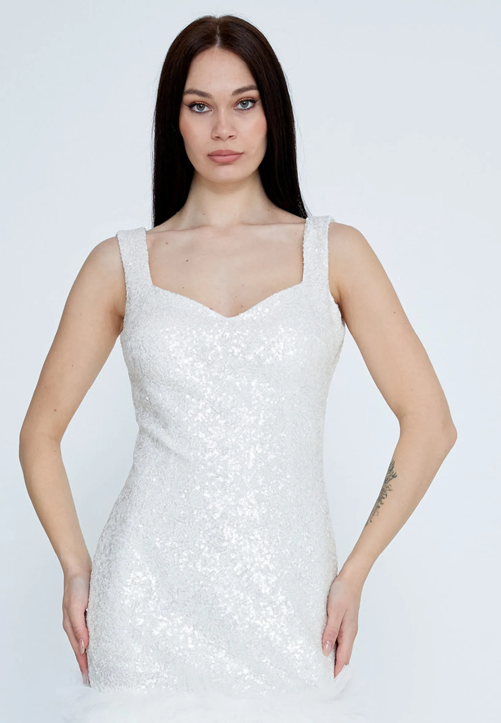 Sleeveless Mini Sequin Column Regular Ecru Cocktail Dress - White