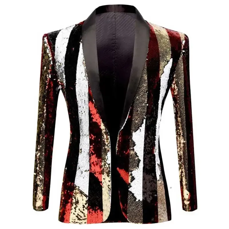 Stylish Vertical Striped Sequin Blazer Jacket Men's Shawl Lapel One Button Glitter Blazers Wedding Party Dinner Homme