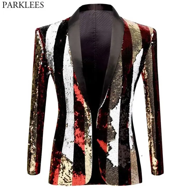 Stylish Vertical Striped Sequin Blazer Jacket Men's Shawl Lapel One Button Glitter Blazers Wedding Party Dinner Homme