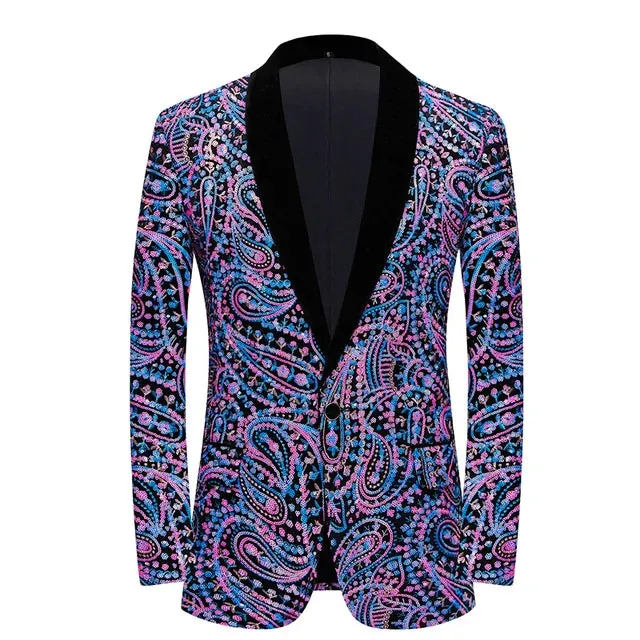 Stylish Vertical Striped Sequin Blazer Jacket Men's Shawl Lapel One Button Glitter Blazers Wedding Party Dinner Homme