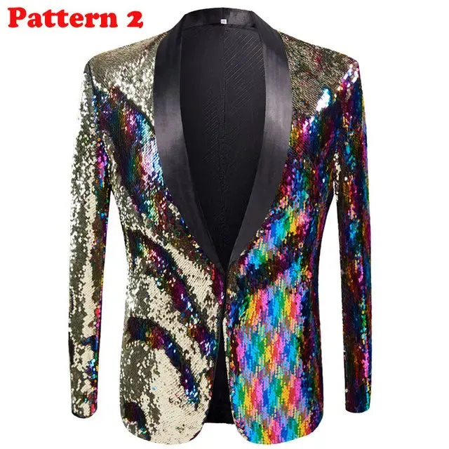 Stylish Vertical Striped Sequin Blazer Jacket Men's Shawl Lapel One Button Glitter Blazers Wedding Party Dinner Homme