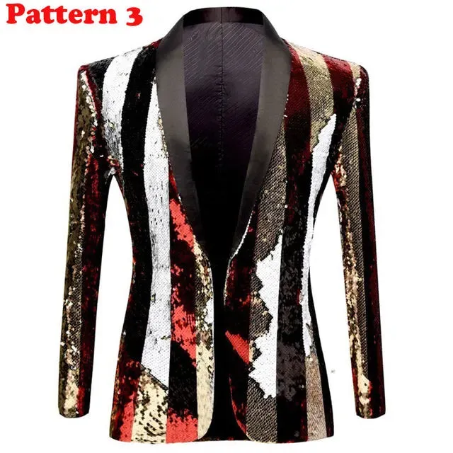 Stylish Vertical Striped Sequin Blazer Jacket Men's Shawl Lapel One Button Glitter Blazers Wedding Party Dinner Homme