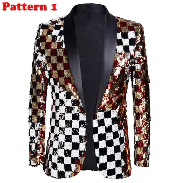 Stylish Vertical Striped Sequin Blazer Jacket Men's Shawl Lapel One Button Glitter Blazers Wedding Party Dinner Homme