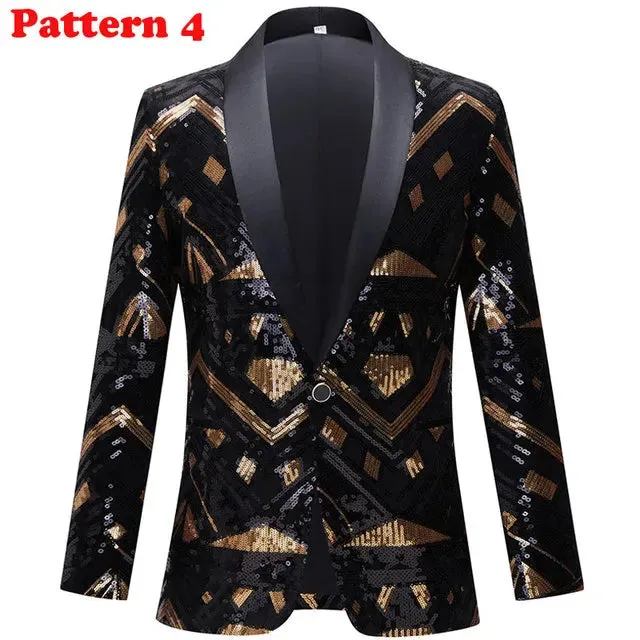 Stylish Vertical Striped Sequin Blazer Jacket Men's Shawl Lapel One Button Glitter Blazers Wedding Party Dinner Homme