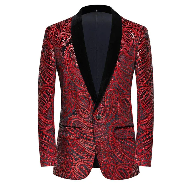 Stylish Vertical Striped Sequin Blazer Jacket Men's Shawl Lapel One Button Glitter Blazers Wedding Party Dinner Homme