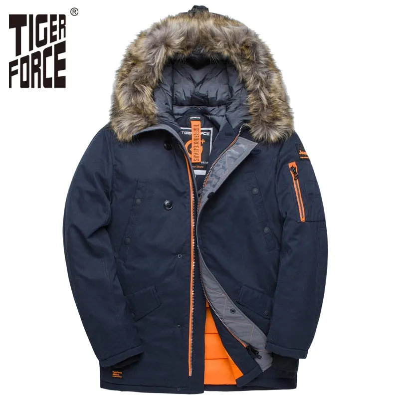 TIGER FORCE Winter Jacket Men Padded Parka Russia Man Winter Coat Artificial Fur Big Pockets Medium-long Thick Parkas Snowjacket