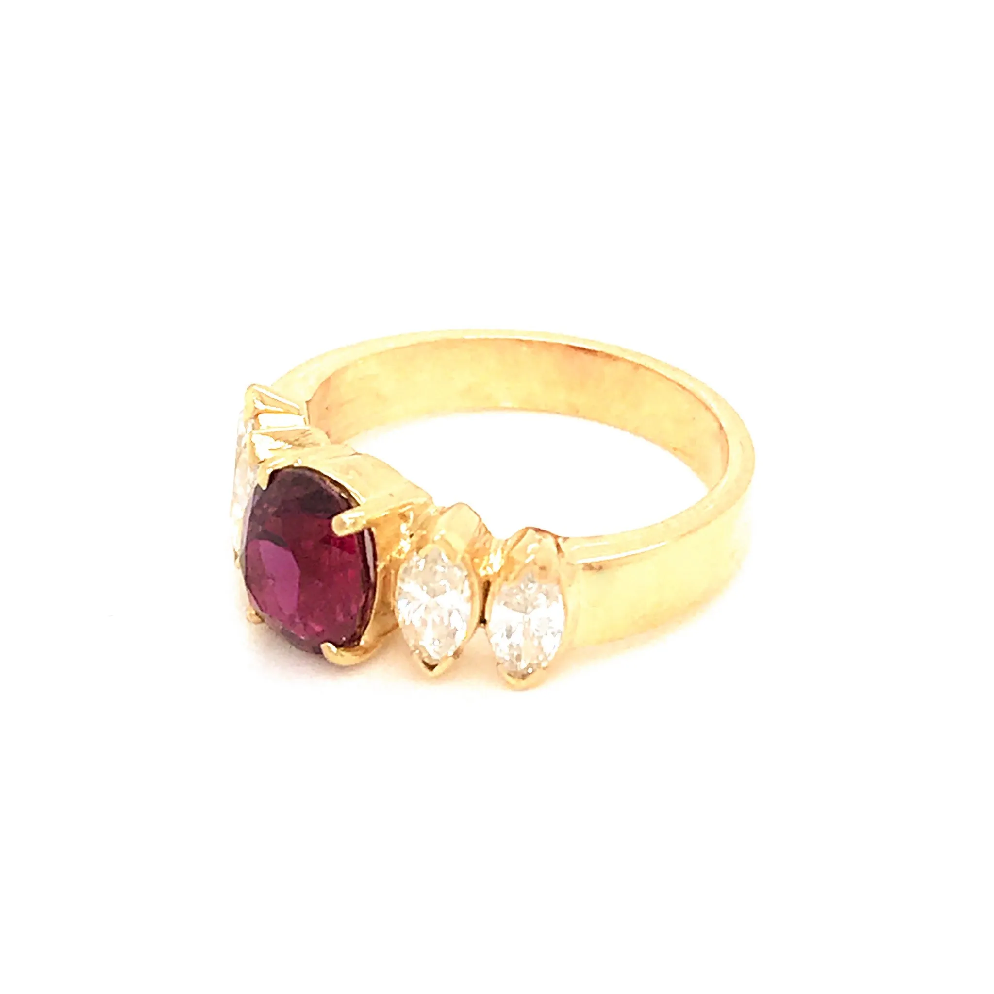 Unique 18k Yellow Gold Oval Ruby and Marquise Diamond Ring