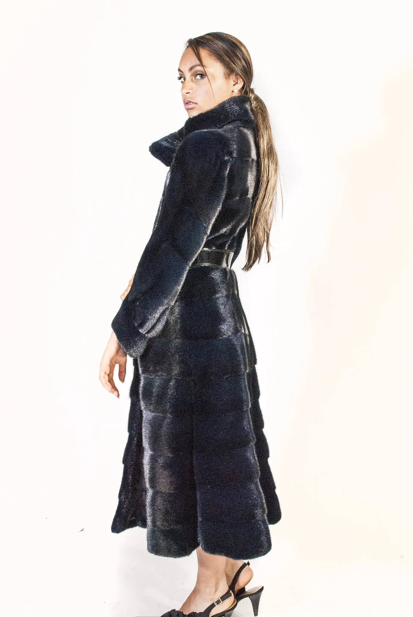 WEB SPECIAL - Long Horizontal Blue-Black  Mink Belted Coat