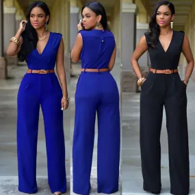 Women sashes high waist v-neck loose wide leg pants summer jumpsuit Casual Rompers overalls for female women jumpsuits women