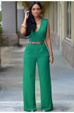 Women sashes high waist v-neck loose wide leg pants summer jumpsuit Casual Rompers overalls for female women jumpsuits women