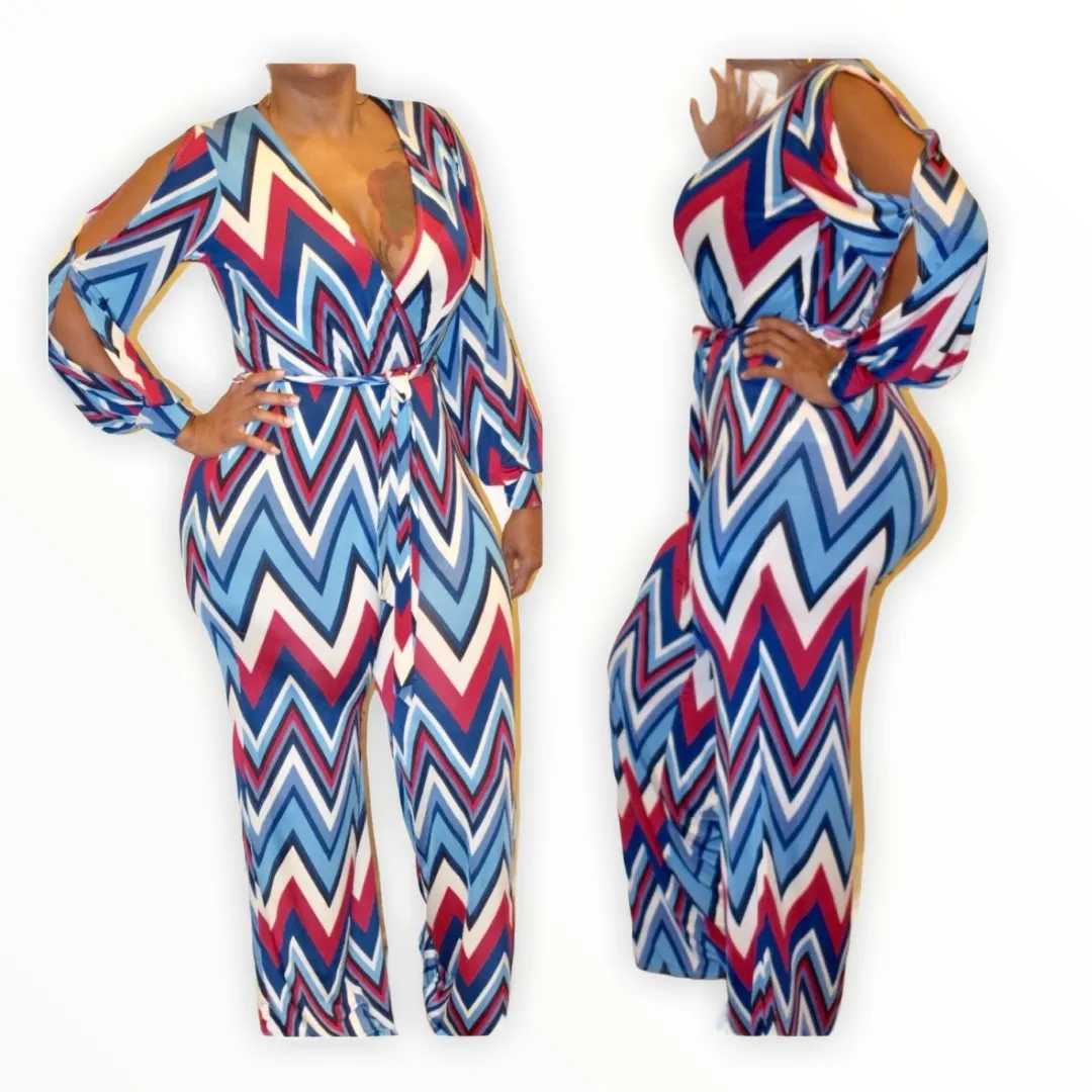 Women's Chevron Print Open Sleeve Jumpsuit