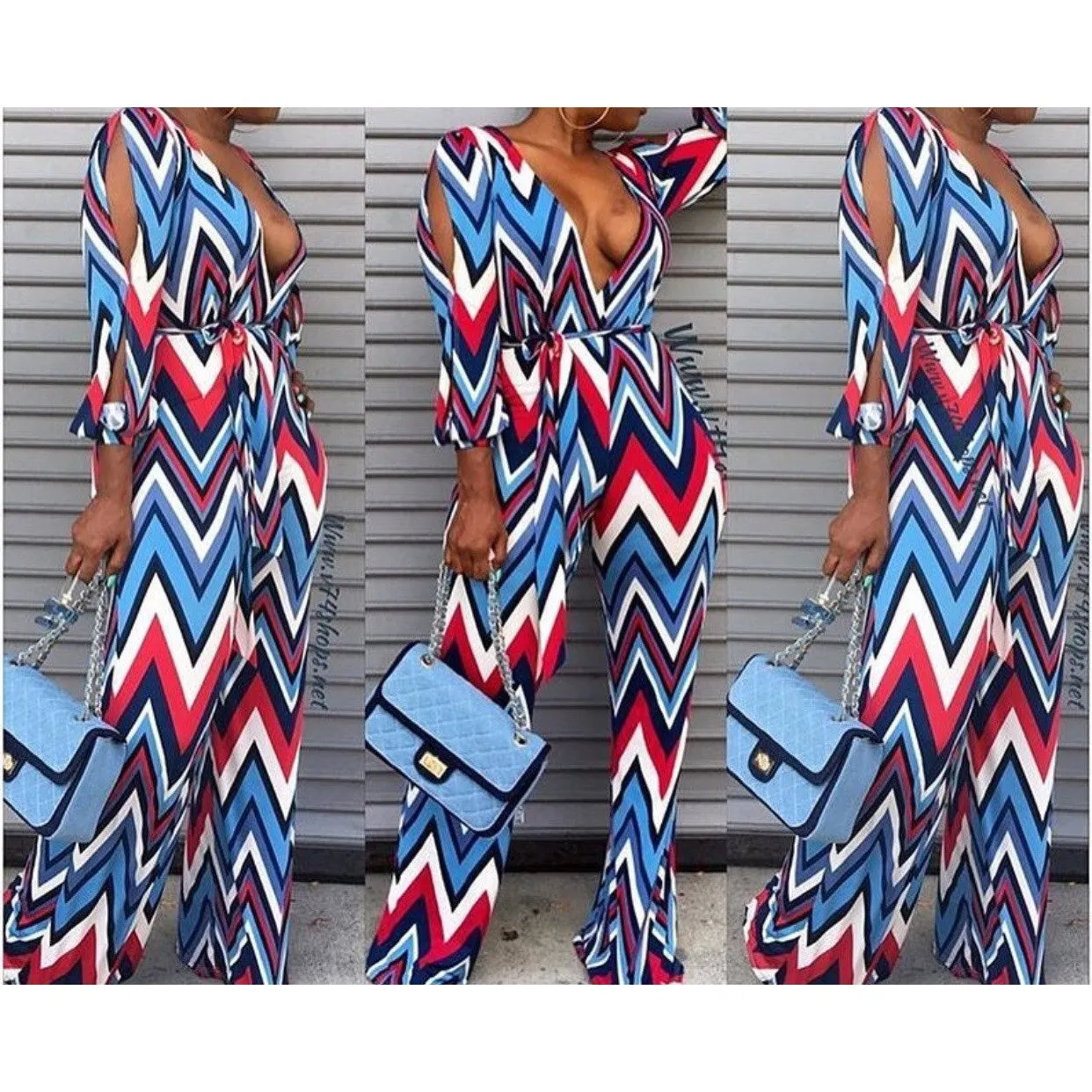 Women's Chevron Print Open Sleeve Jumpsuit