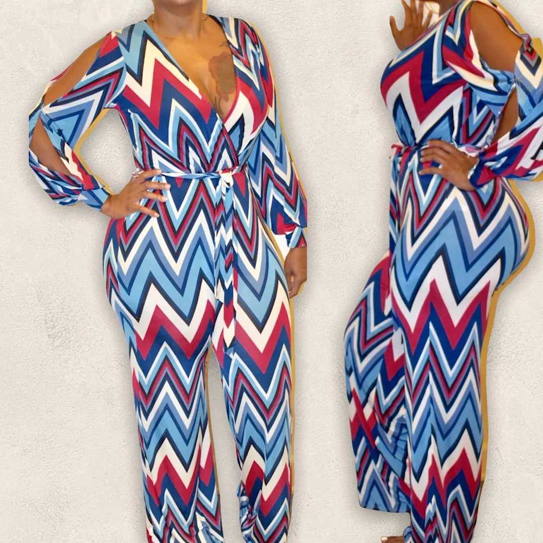 Women's Chevron Print Open Sleeve Jumpsuit