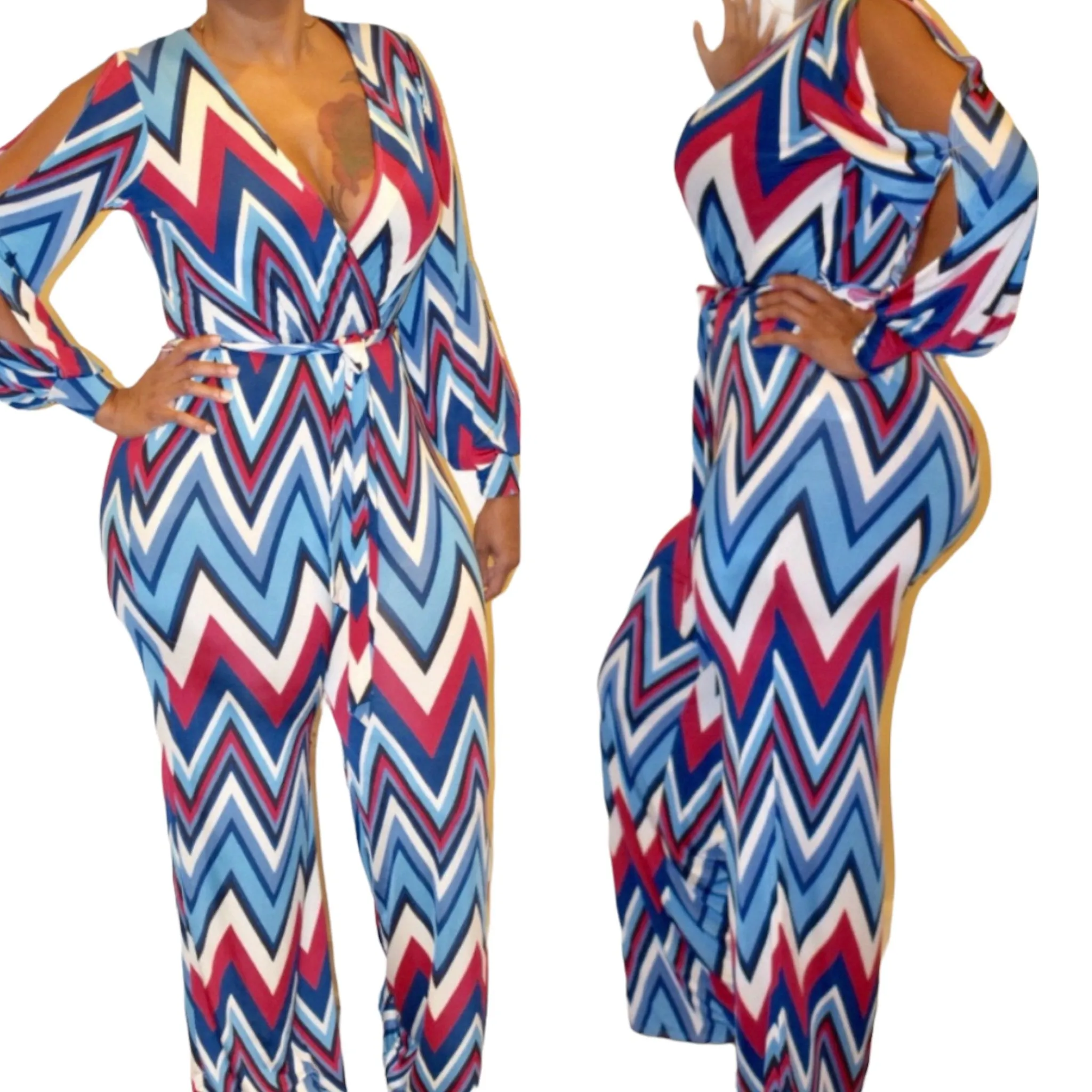 Women's Chevron Print Open Sleeve Jumpsuit