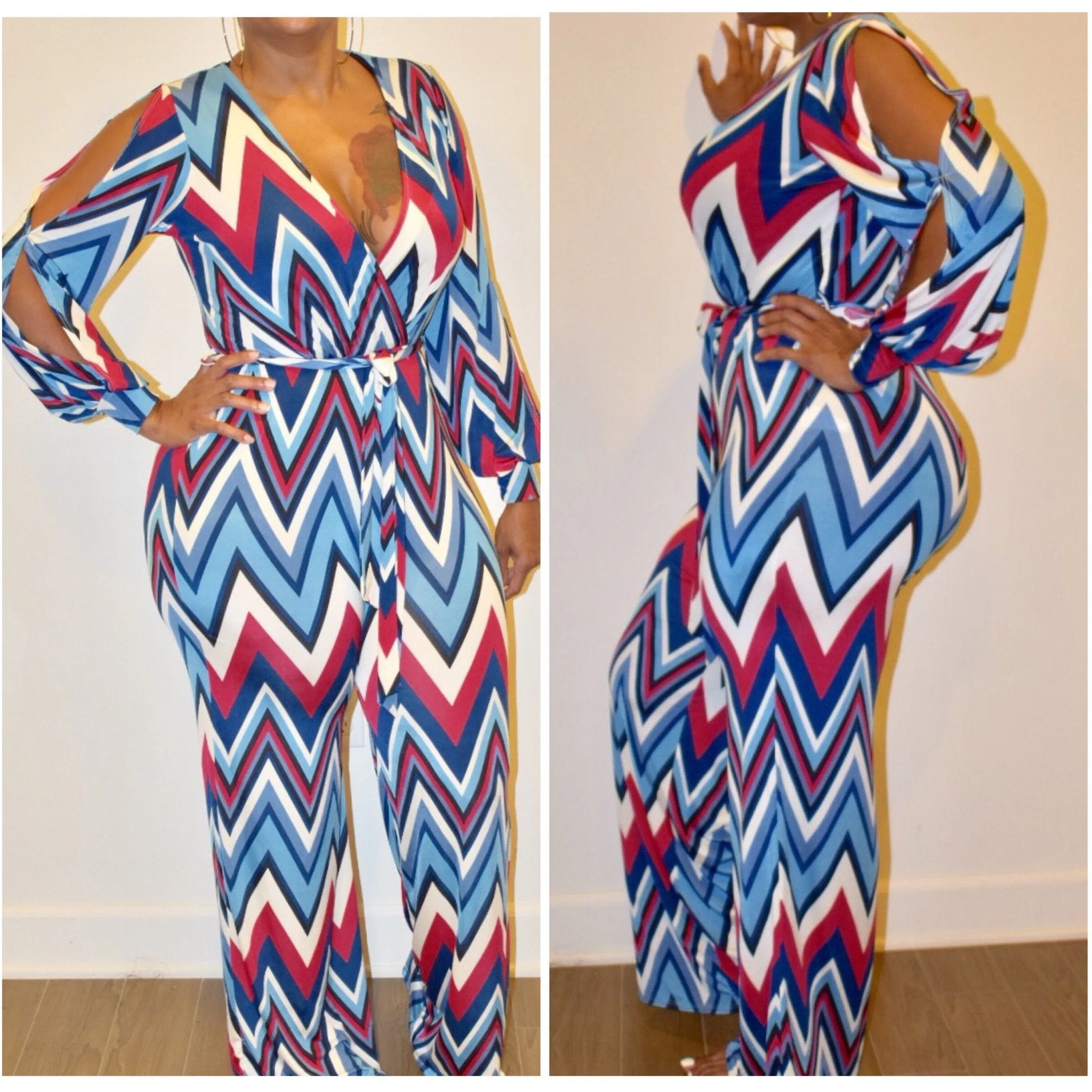 Women's Chevron Print Open Sleeve Jumpsuit