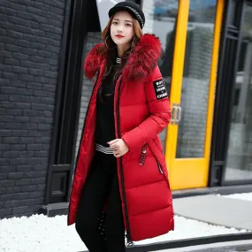 Women's Down Parkas Winter Jacket Coat Big Fur Collar Thick Slim Coats Fashion Hooded Cotton Outerwear Long Winter Woman Coat