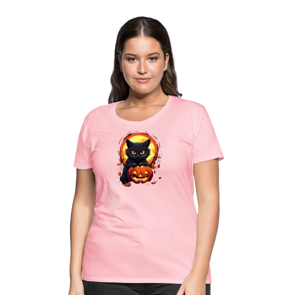 Women's 'Frightful Feline & Jack-O'-Lantern' Premium Tee: Where Halloween Classics Meet Chic Comfort