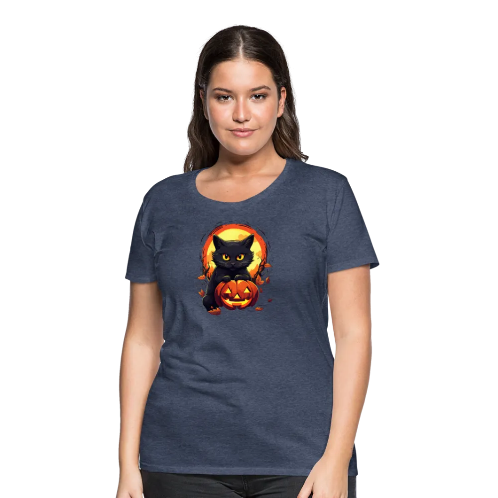 Women's 'Frightful Feline & Jack-O'-Lantern' Premium Tee: Where Halloween Classics Meet Chic Comfort