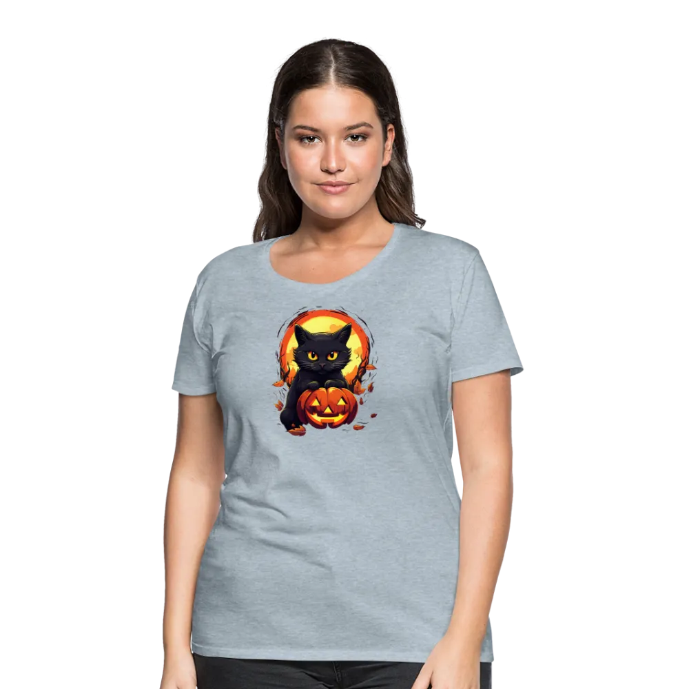 Women's 'Frightful Feline & Jack-O'-Lantern' Premium Tee: Where Halloween Classics Meet Chic Comfort