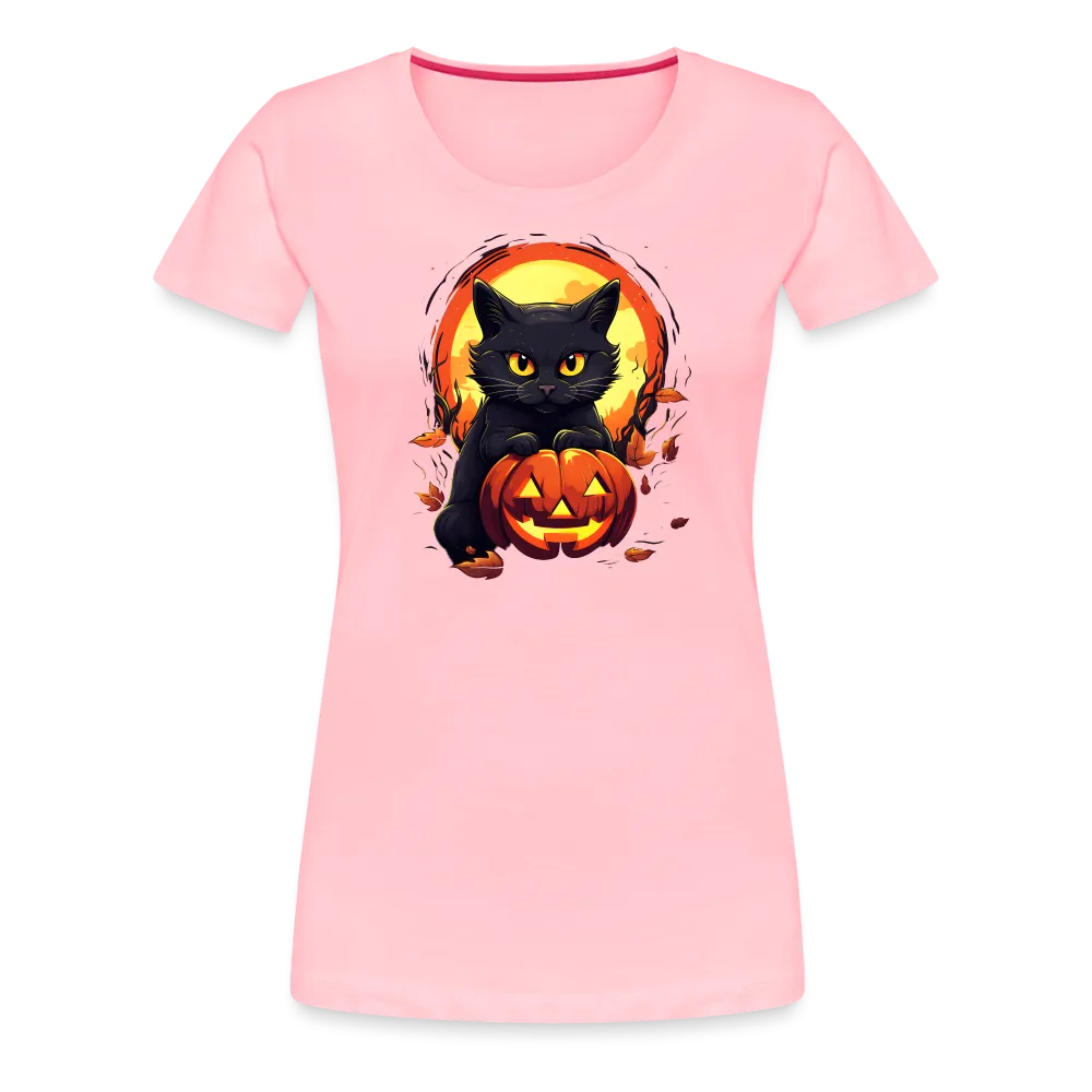 Women's 'Frightful Feline & Jack-O'-Lantern' Premium Tee: Where Halloween Classics Meet Chic Comfort