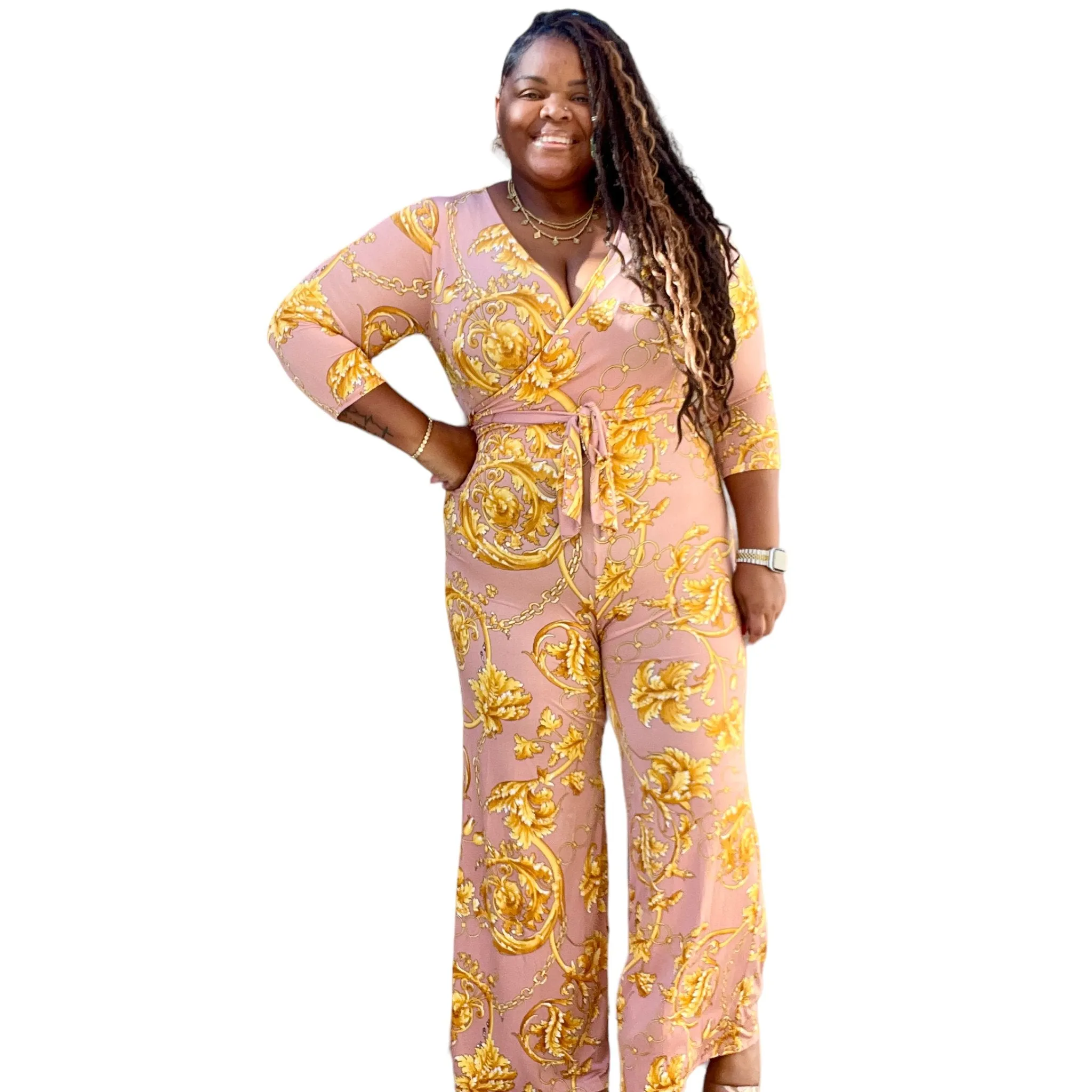 Women's Plus Size Gold Chain Faux Wrap Jumpsuit Dress