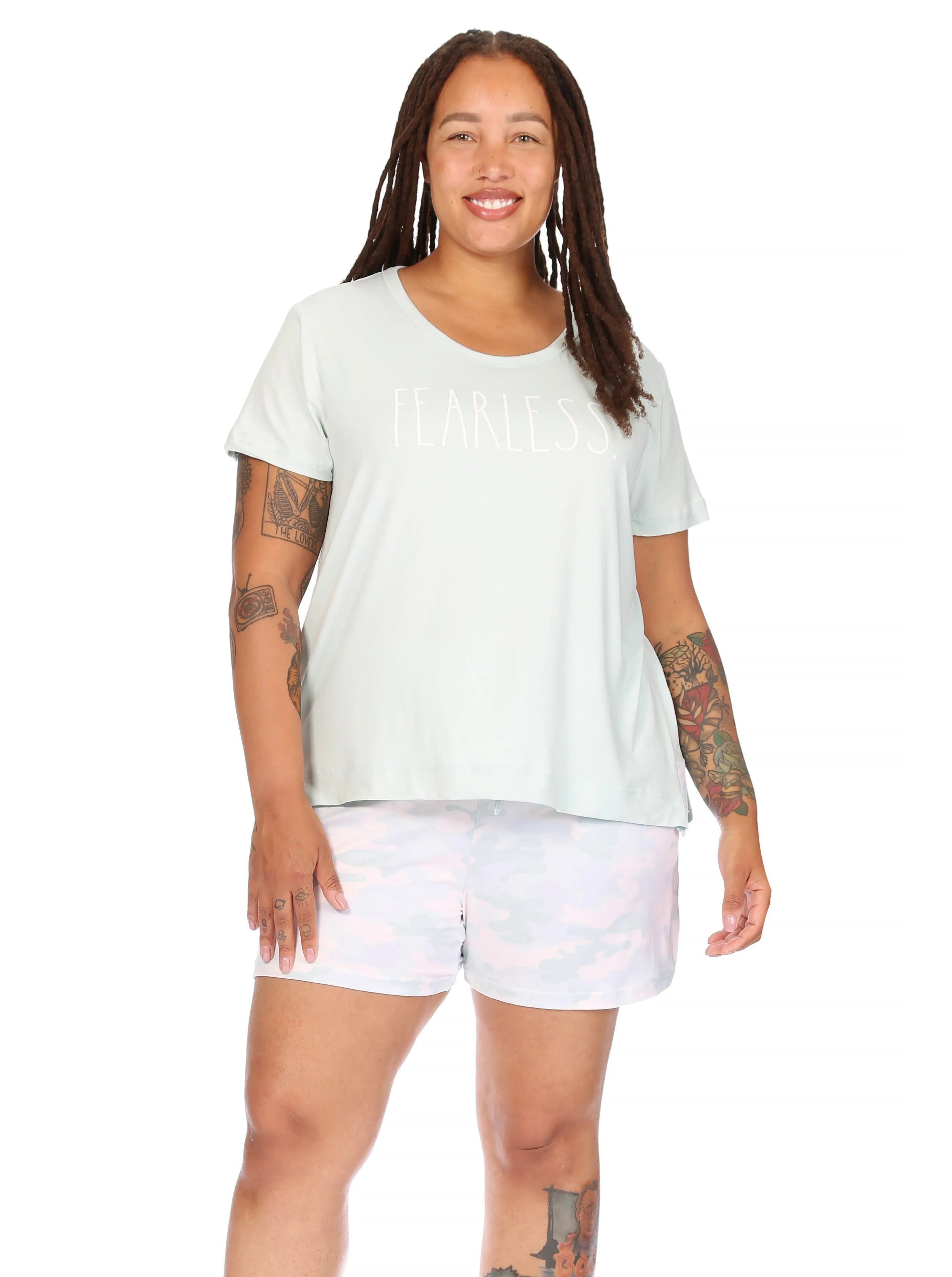 Women's Plus Size "FEARLESS" Short Sleeve Side Slit Tee and Shorts Pajama Set