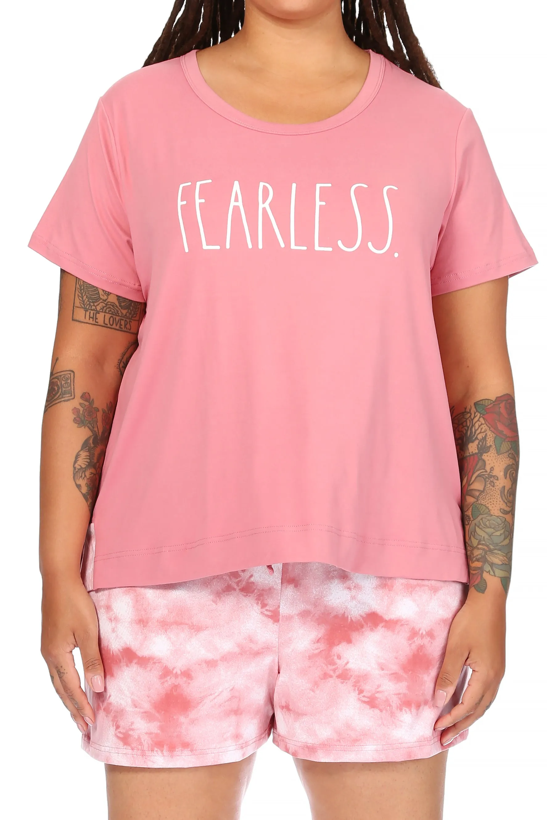 Women's Plus Size "FEARLESS" Short Sleeve Side Slit Tee and Shorts Pajama Set