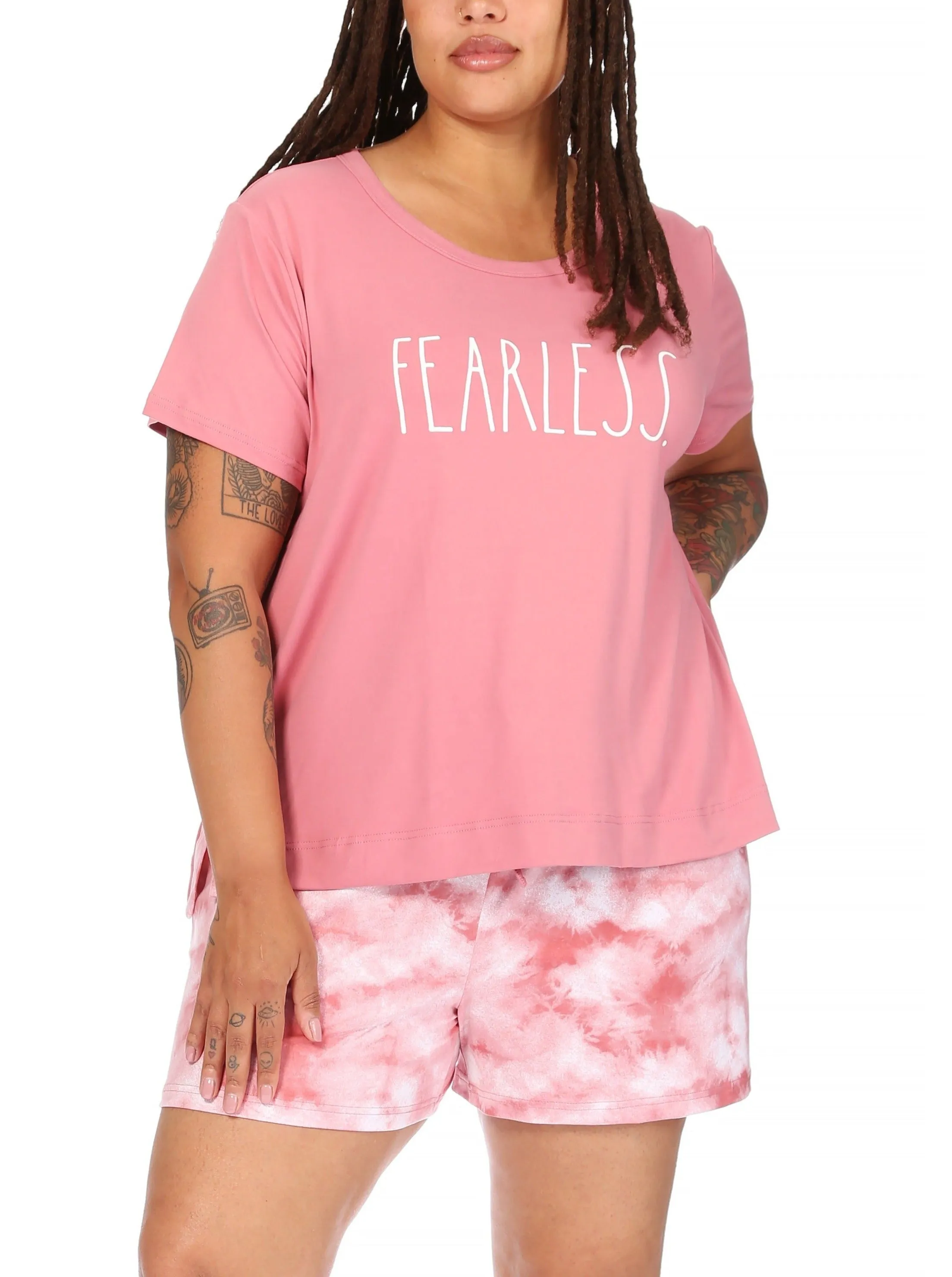 Women's Plus Size "FEARLESS" Short Sleeve Side Slit Tee and Shorts Pajama Set