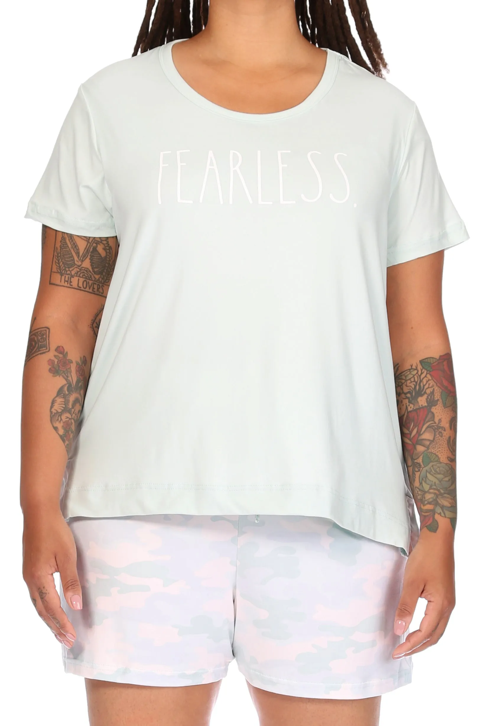 Women's Plus Size "FEARLESS" Short Sleeve Side Slit Tee and Shorts Pajama Set